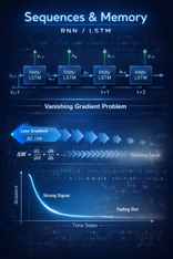 Unrolled sequence model diagram showing memory gating and fading gradients.
