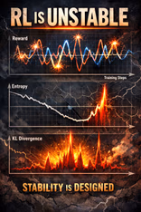 Reinforcement learning training instability dashboard with reward, entropy, KL spikes.