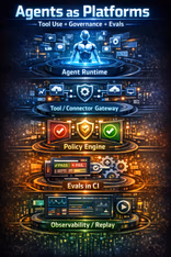Agent platform architecture with tool gateway, policy gates, evals in CI, and observability.