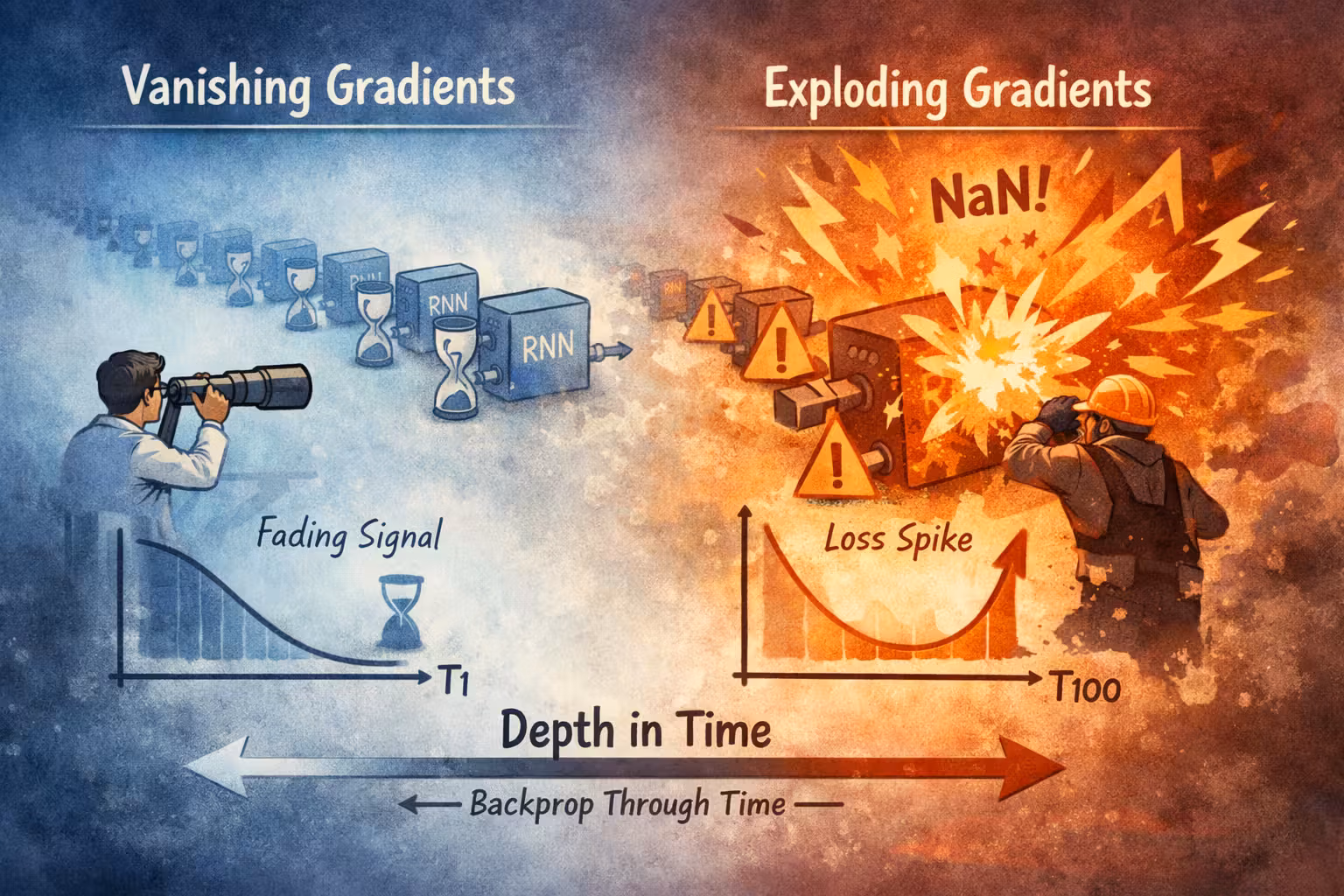 Vanishing vs exploding gradients in RNNs