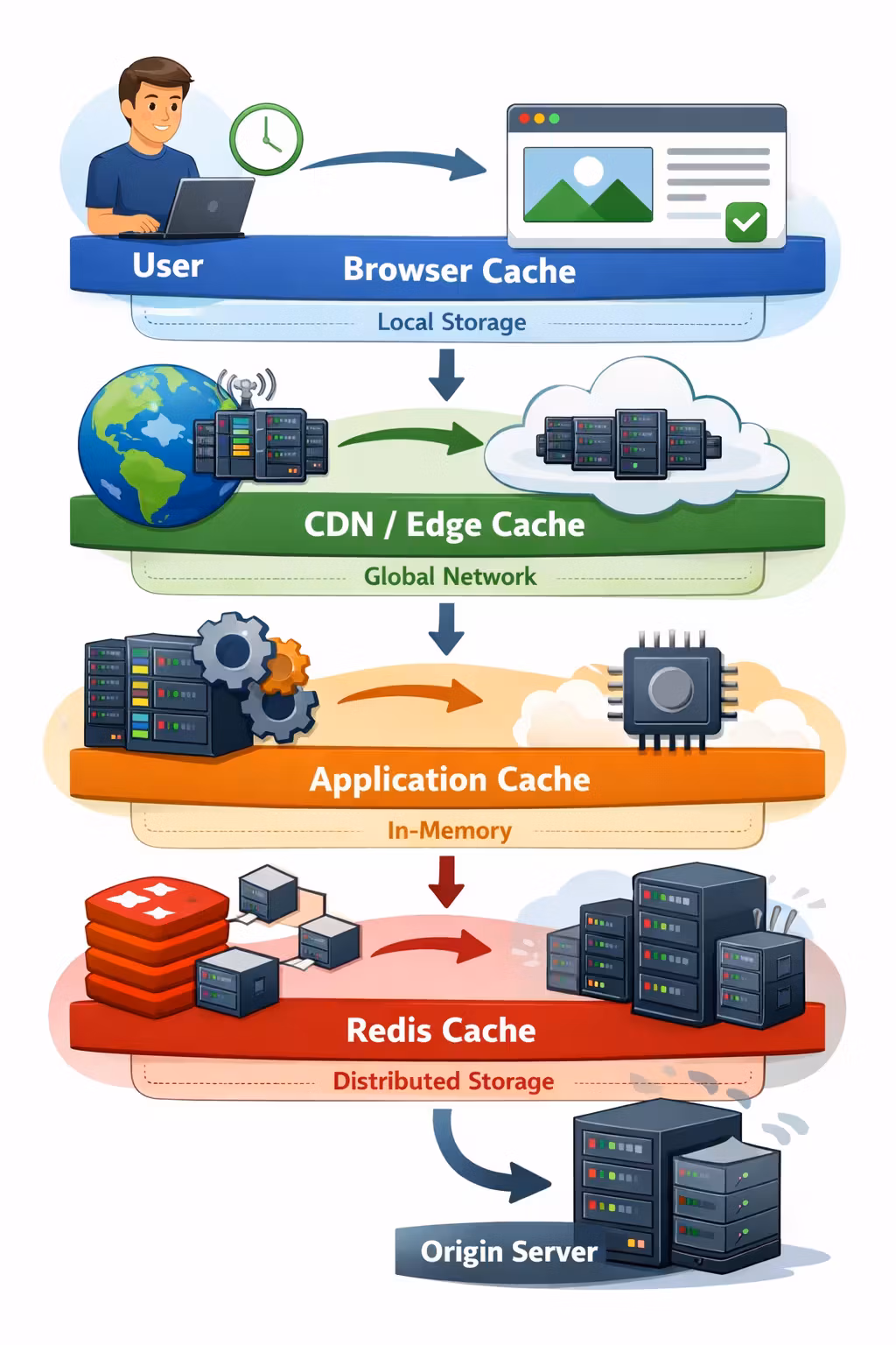 Caching layers: browser, CDN/edge, app, and Redis