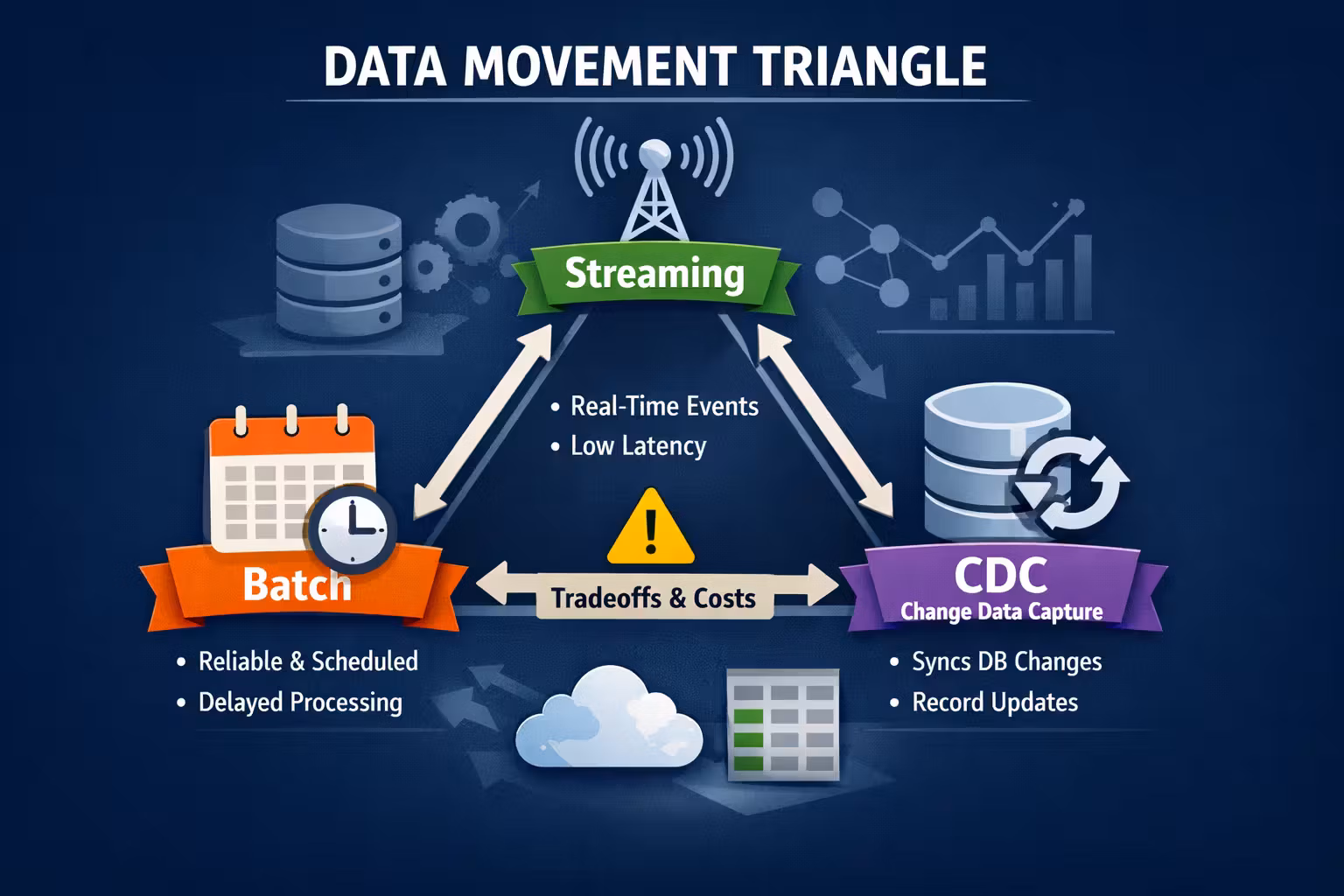 Data movement triangle: batch, streaming, and change data capture