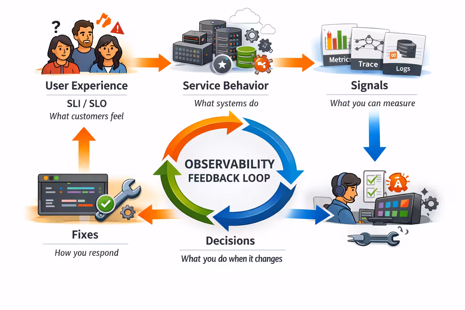 Observability feedback loop from user experience to signals, decisions, and fixes
