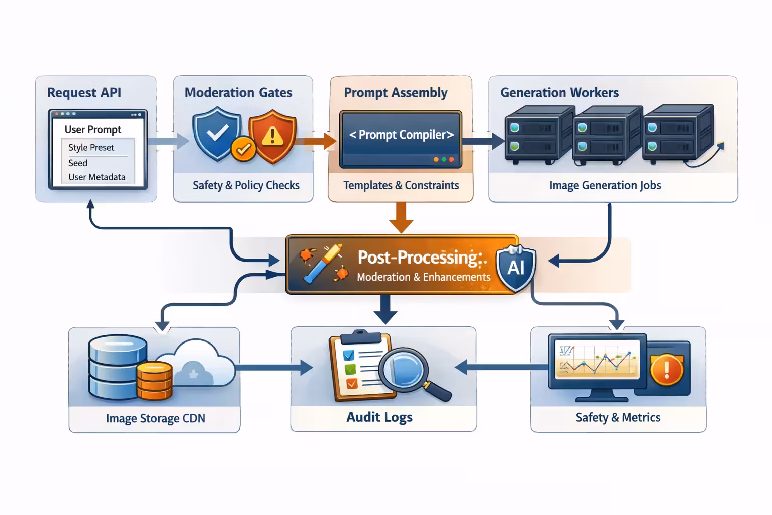 Reference architecture for a text-to-image service: request API, moderation gates, prompt assembly, generation workers, storage, and audit logs.