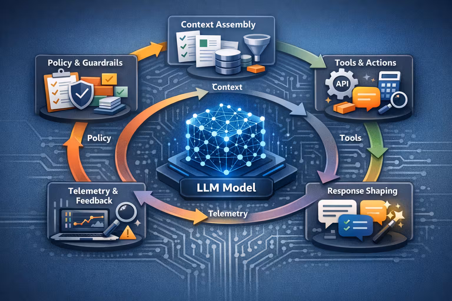 A conceptual product loop around the model: policy → context assembly → model → tools → response shaping → telemetry
