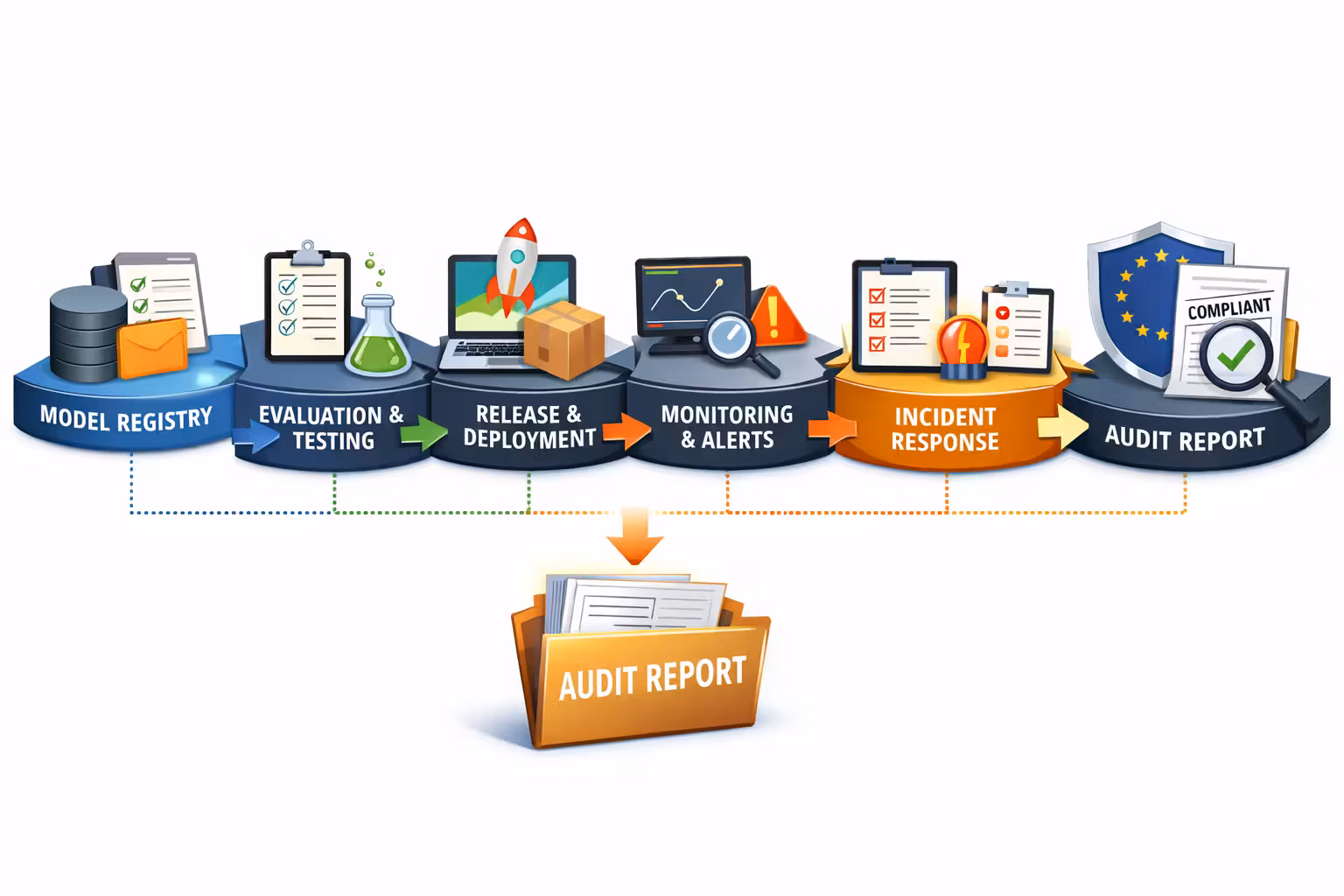 Evidence pipeline: registry -> eval -> release -> monitoring -> incidents -> audit packet