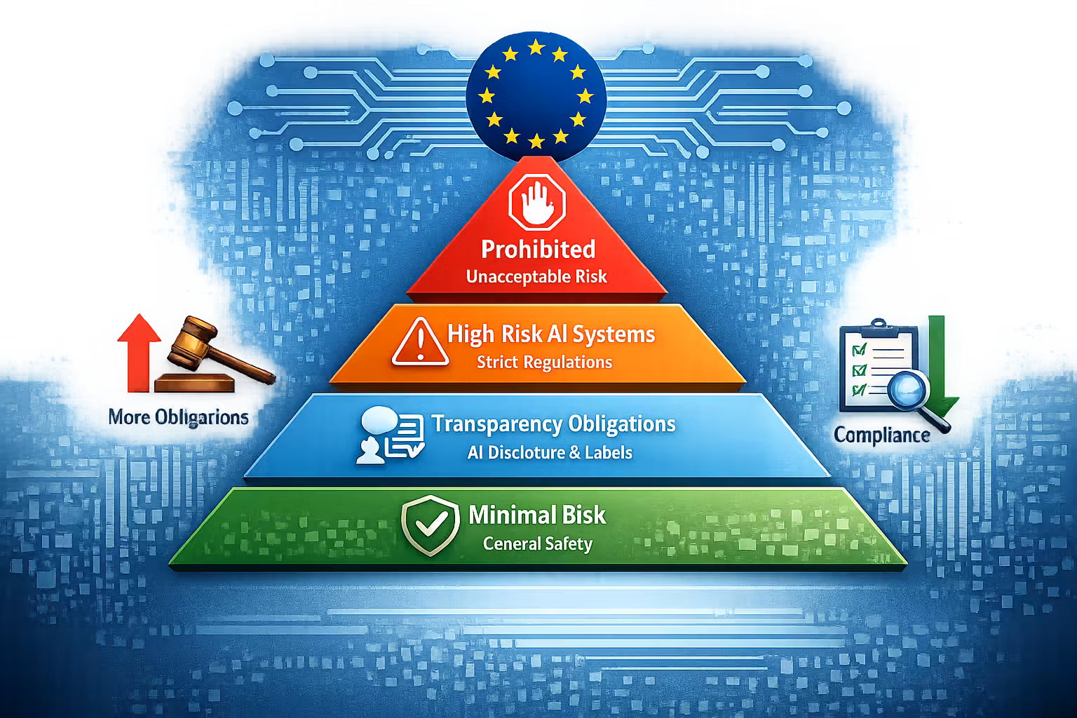 EU AI Act risk pyramid: prohibited, high-risk, transparency, minimal