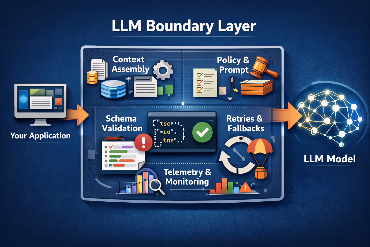 LLM Boundary Layer: context assembly, policy, prompt, schema validation, retries, fallbacks, telemetry