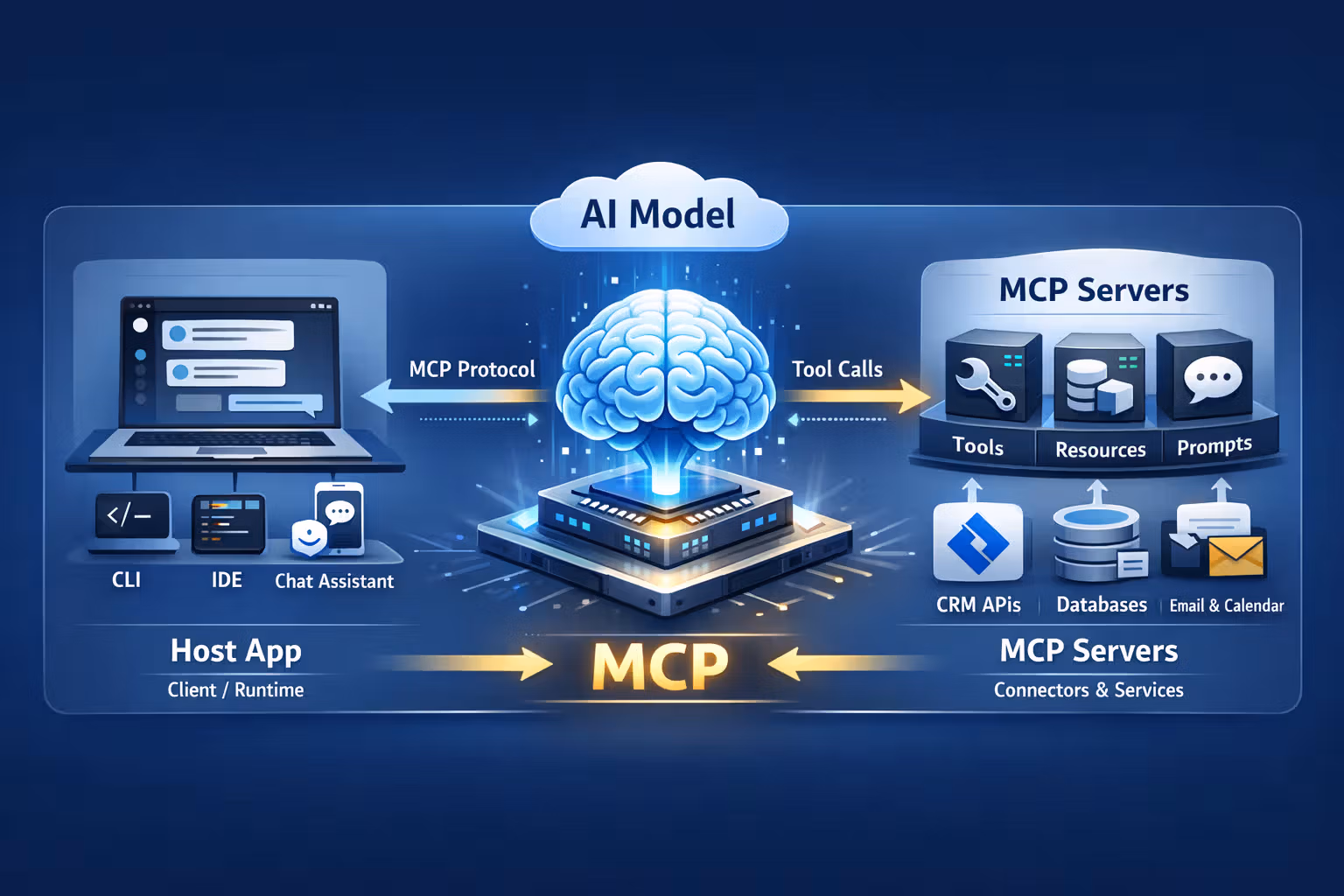 MCP relationship: host app connects a model to MCP servers that expose tools and resources