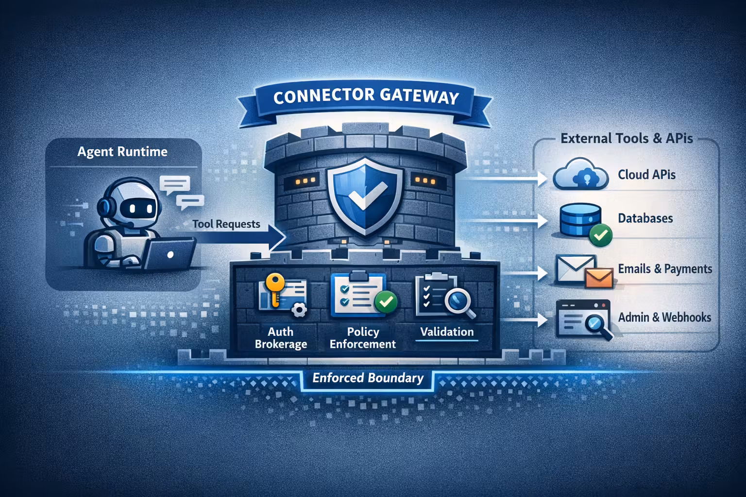 Reference architecture: agent runtime calling a connector gateway that enforces auth, policy, validation, and audit logging