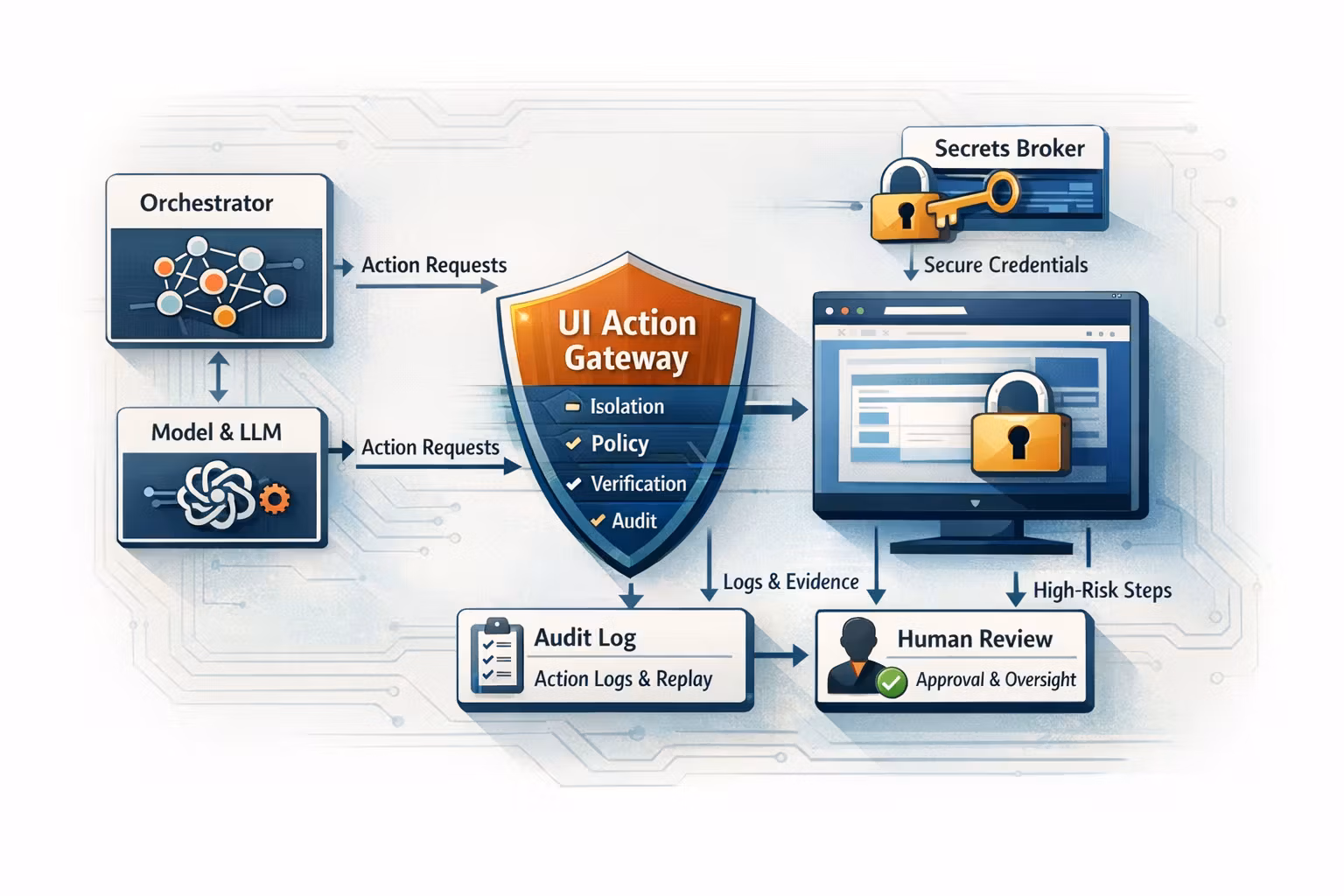 Reference architecture for computer-use agents: orchestrator, sandbox runner, policy, secrets broker, audit log