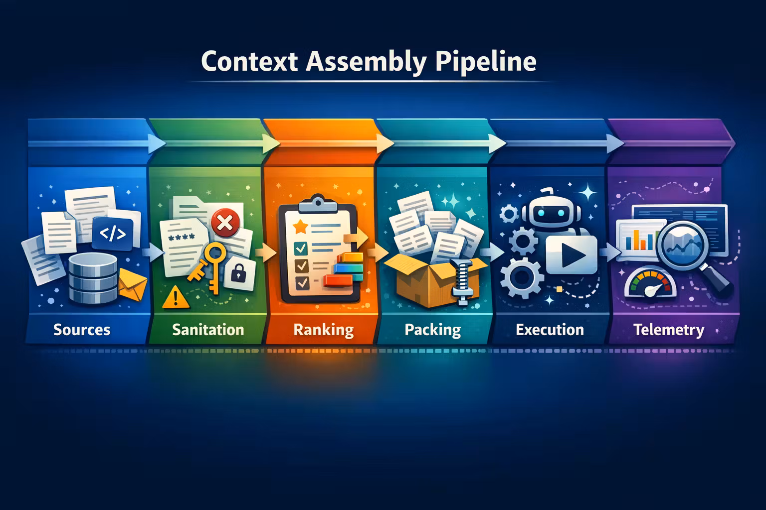 Context assembly pipeline: sources -> sanitation -> ranking -> packing -> execution -> telemetry.