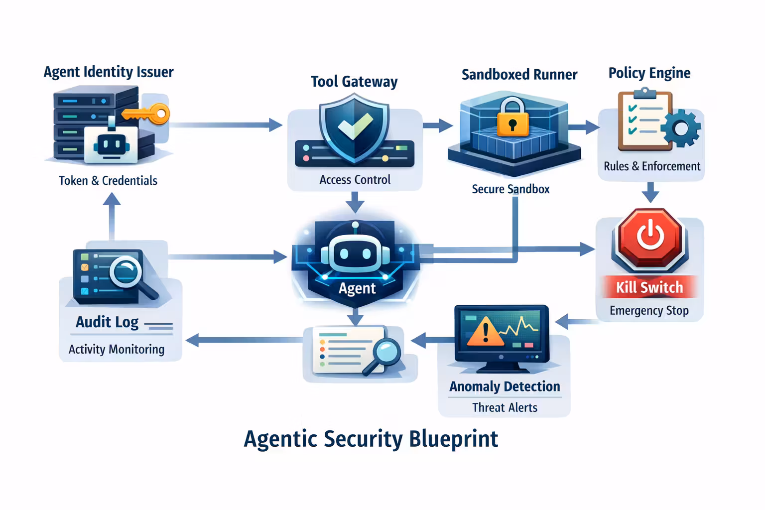Agentic security blueprint: agent identity issuer, tool gateway, sandboxed runner, policy engine, audit log, anomaly detection, kill switch