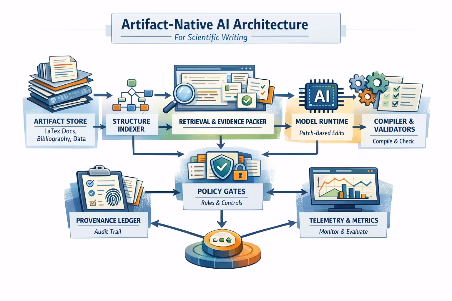 Artifact-native AI blueprint for scientific writing: artifact store, indexer, retrieval, model runtime, compiler, provenance ledger, policy gates, telemetry